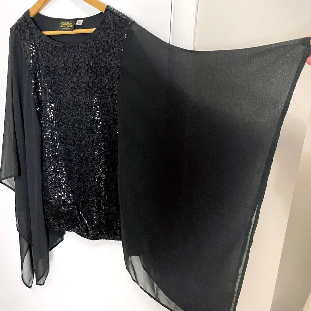 Bob Mackie sequins and chiffon black top - size large - Picture 2 of 10